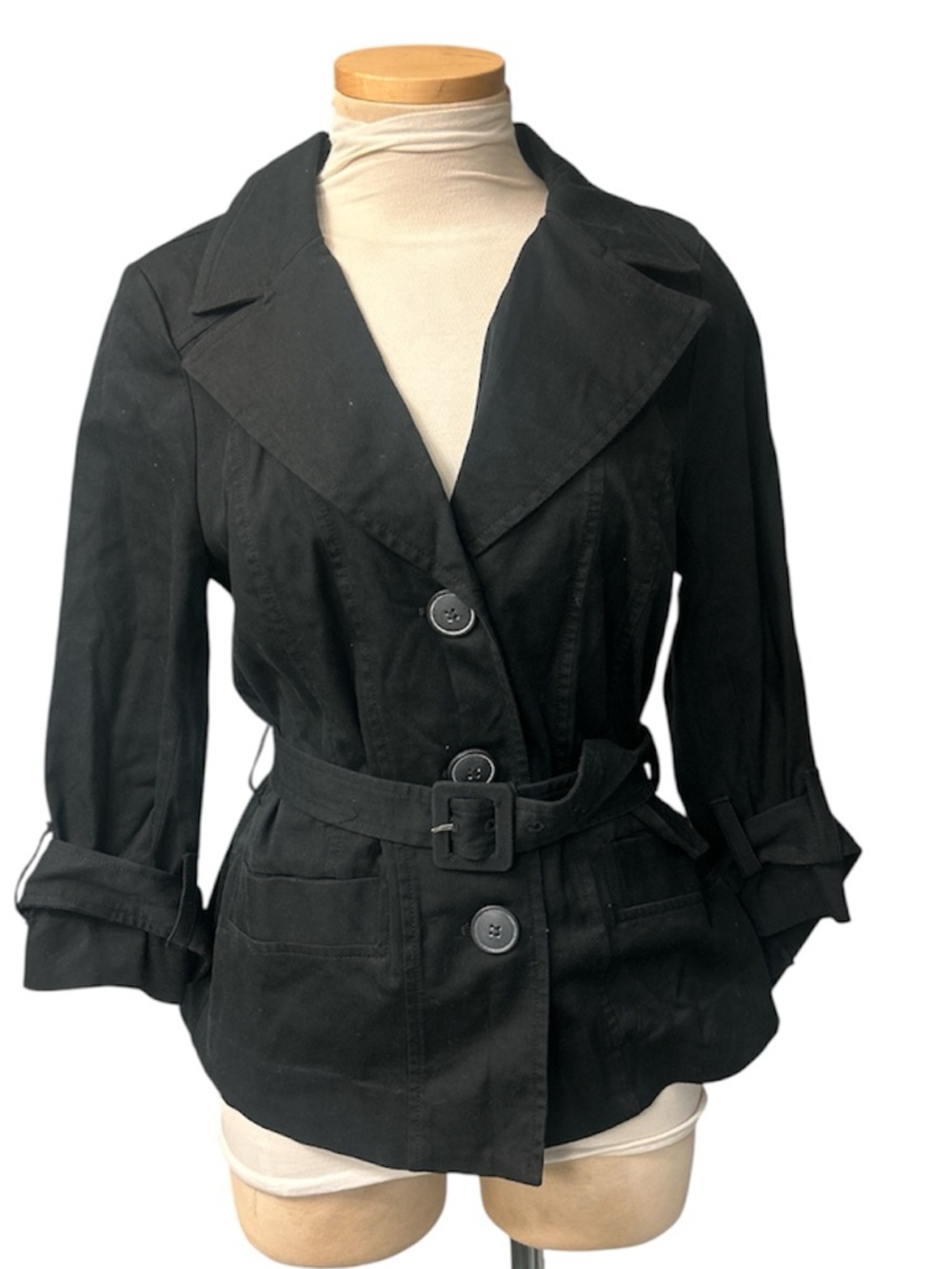 Halogen Black Belted Trench Short Sleeve Jacket Size Small